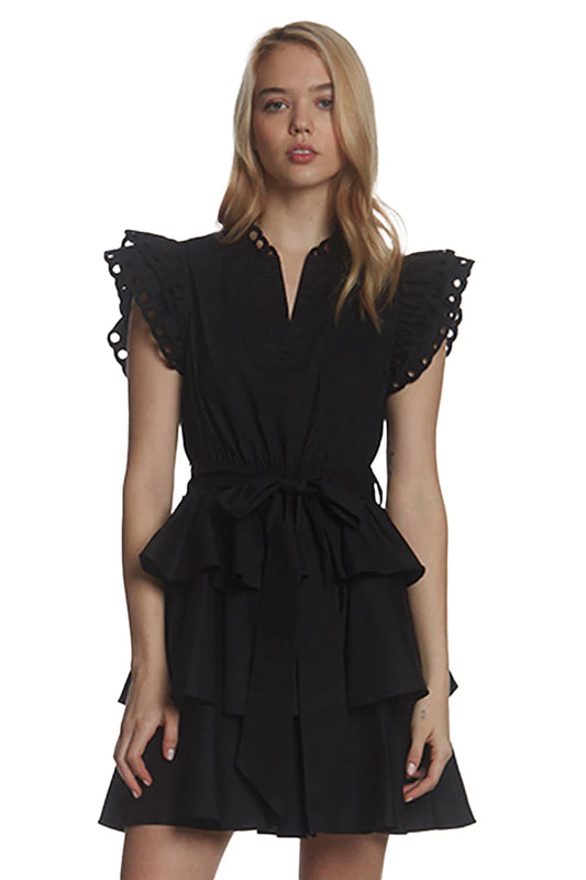 Black Belted Ruffle Mini Dress