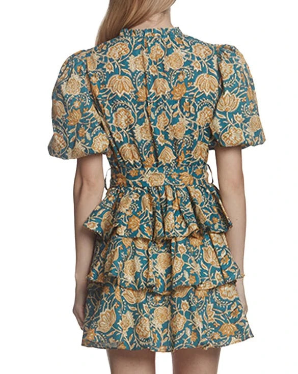 Blue Paisley Balloon Sleeve Belted Mini Dress