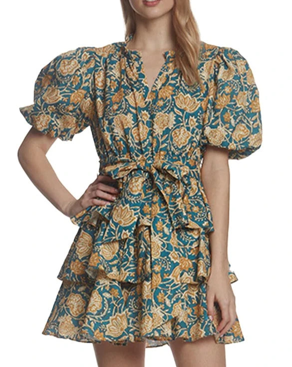 Blue Paisley Balloon Sleeve Belted Mini Dress