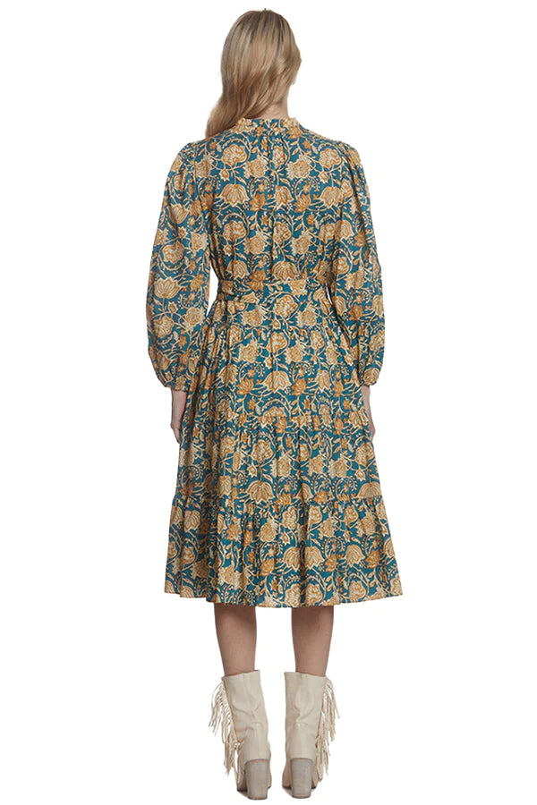 Blue Paisley Long Sleeve Belted Dress