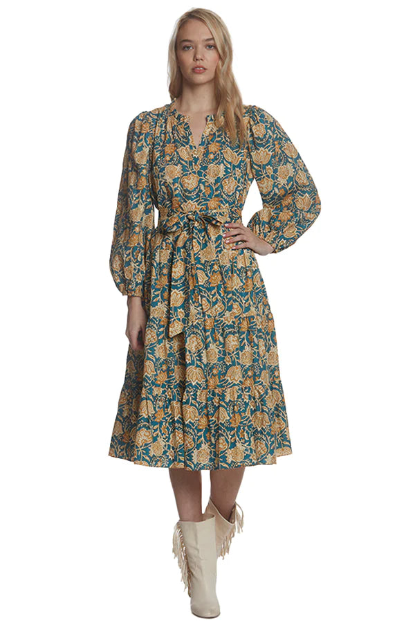 Blue Paisley Long Sleeve Belted Dress