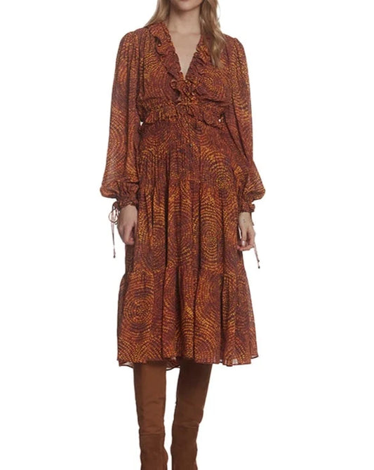 Sand Garden Print Ruffle Trim Long Sleeve Tiered Dress