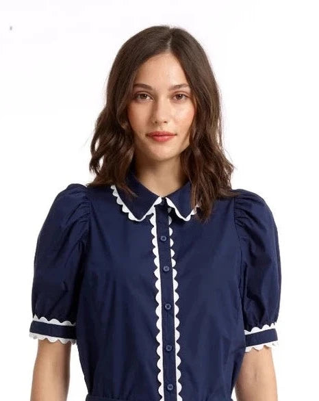 Navy RigRag Trim Blouse