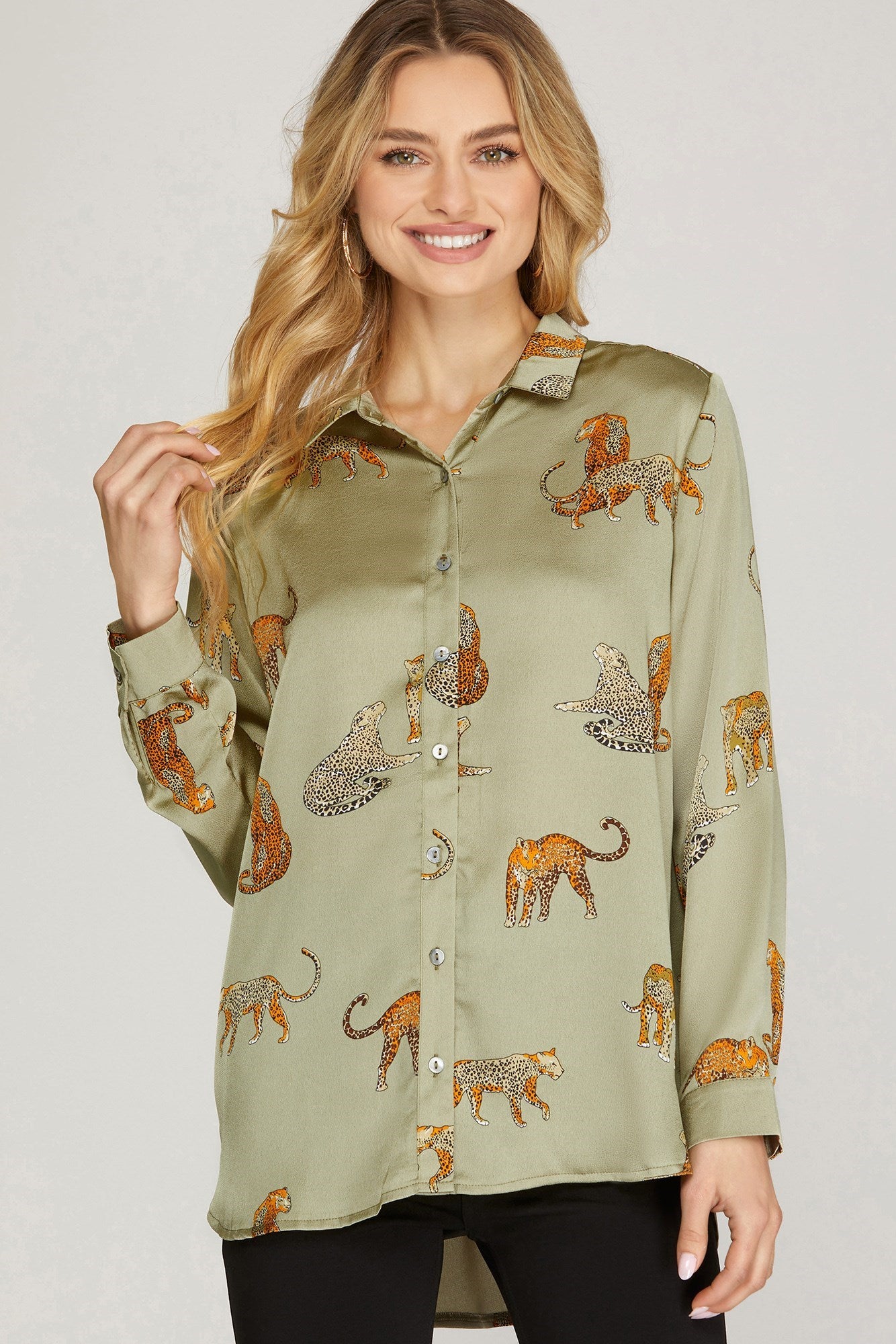 Leopard Satin Shirt - Olive