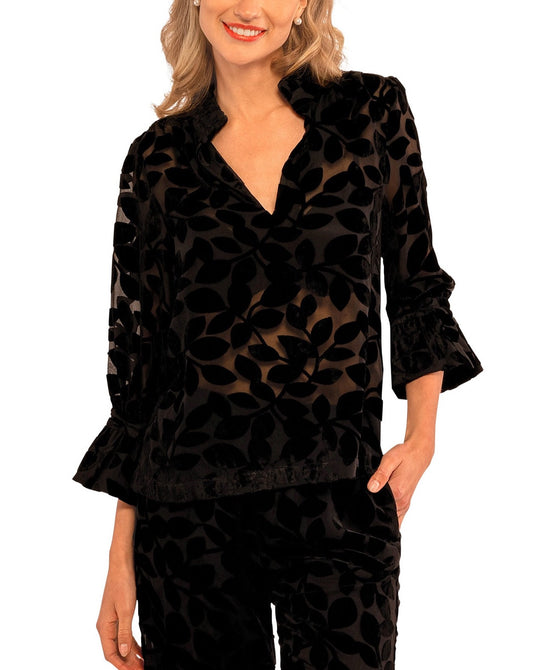 Black Luxe Leaf Ruffleneck Tunic