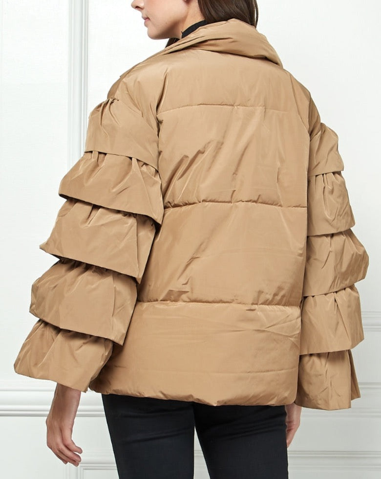 Mocha Ruffle Sleeve Puffer Jacket