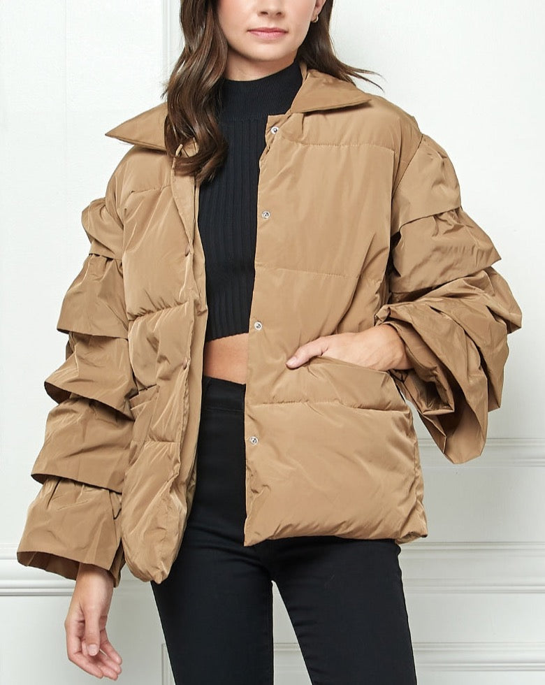 Mocha Ruffle Sleeve Puffer Jacket