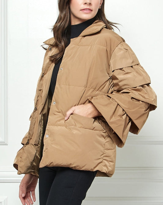 Mocha Ruffle Sleeve Puffer Jacket